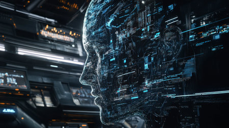 This image features a futuristic digital profile representing human-like features intertwined with data streams and technology, embodying the concept of artificial intelligence.の素材