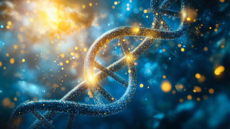 A stunning visual of a glowing DNA helix set against a sparkling blue background, representing the beauty and complexity of genetic science and molecular biology.の素材