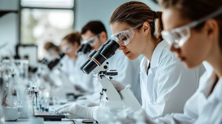 A group of scientists work diligently in a modern laboratory setting, using microscopes and conducting research. Their teamwork enhances discovery and innovation.の素材