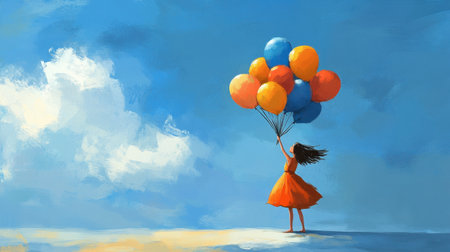 A cheerful girl in an orange dress holds colorful balloons against a vivid blue sky. This dreamy artwork captures the essence of joy, freedom, and childhood imagination.の素材