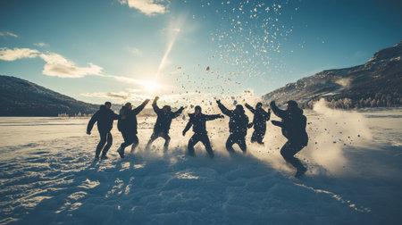 A dynamic group of people joyfully playing in a snowy landscape during winter. The bright sunlight creates a lively atmosphere as they engage in fun activities.の素材