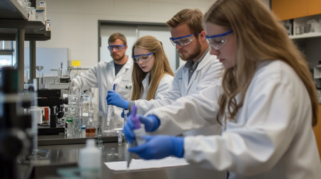 A group of young researchers in lab coats conducts an experiment in a modern laboratory, showcasing teamwork and scientific inquiry in action.の素材