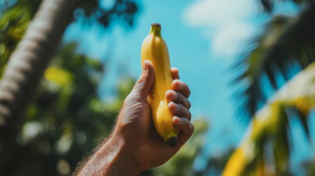 A hand holding a fresh yellow banana with a blurred tropical background. Perfect for themes of health, nutrition, and organic living. Ideal for food photography.の素材