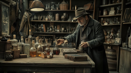 A vintage apothecary scene showcasing a man in a coat and hat, surrounded by antique bottles, books, and herbal elements, evoking a sense of history.の素材