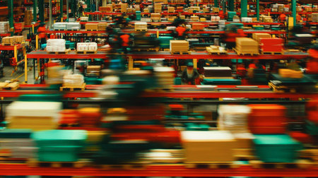 A dynamic view of a busy warehouse with colorful packages moving along shelves, showcasing the energy and activity in logistics and storage operations.の素材