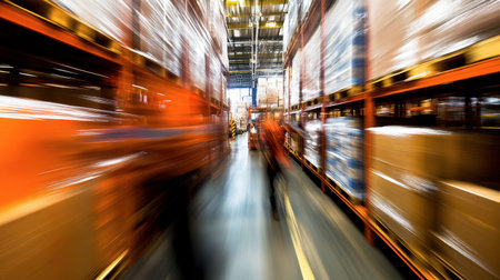 An indoor warehouse scene shows blurred workers amidst organized shelves filled with boxes. The image conveys the energy and motion of a busy logistical environment.の素材