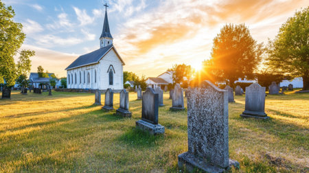 A tranquil scene of a rural cemetery at sunrise, featuring a charming church and weathered gravestones bathed in soft morning light, symbolizing peace and remembrance.の素材