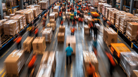 A bustling warehouse scene showcases workers efficiently managing packages in motion. The environment reflects a vibrant logistics operation focused on productivity and collaboration.の素材