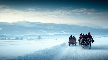 A serene winter landscape featuring a horse-drawn sleigh gliding through snow-covered terrain. Majestic mountains rise in the background, creating a tranquil atmosphere.の素材
