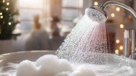 A serene bathroom scene featuring a showerhead pouring water over bubbly foam in a bright and inviting space, perfect for relaxation and self-care.の素材