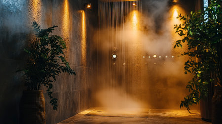 A serene spa shower featuring steam and ambient lighting, perfect for relaxation and rejuvenation. Ideal for wellness and tranquility settings.の素材