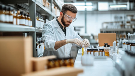 A focused researcher in a laboratory carefully analyzes chemical samples. Wearing protective gear, he exemplifies professionalism and precision in scientific research.の素材