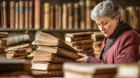 A woman immersed in the study of ancient books, located in a serene library environment. This scene captures an intimate moment of exploration and discovery.の素材