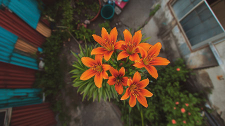 A stunning close-up of vibrant orange lilies blooming amidst an urban setting, capturing the beauty of nature in a lively environment. Perfect for floral themes.の素材
