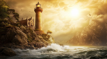 A captivating lighthouse stands tall against a stunning sunset, casting warm light over turbulent ocean waves, creating a serene coastal scene.の素材