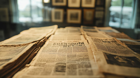 A collection of vintage newspapers laid out on a table, capturing the essence of historical journalism and media. Ideal for projects related to communication and culture.の素材