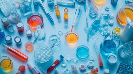 A vibrant overhead view of various laboratory glassware and colorful chemical samples. Perfect for illustrating concepts of science, research, and experimentation.の素材