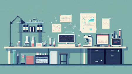 A clean and modern laboratory workspace featuring various scientific equipment, charts, and glassware, perfect for research and experimentation.の素材