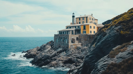 A beautiful lighthouse stands on a rocky shoreline, overlooking the tranquil ocean under a clear blue sky. Ideal for travel and nature themes.の素材