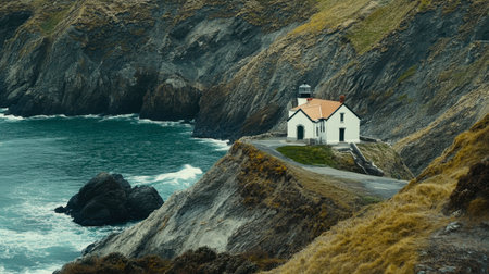 A tranquil lighthouse perched on a rugged coastline, surrounded by waves and rocky cliffs. This remote setting captures the beauty of nature and peace.の素材