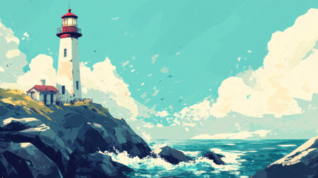 A picturesque lighthouse stands on a rocky coast, surrounded by waves and under a bright blue sky. This serene landscape captures the essence of coastal beauty.の素材