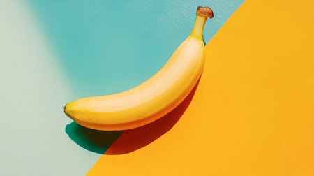 A vibrant yellow banana rests against a colorful backdrop, showcasing its fresh appeal. This visually striking image emphasizes health and simplicity.の素材