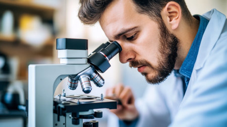 A researcher in a laboratory closely examines a sample under a microscope, showcasing dedication to scientific inquiry and precision in experimentation.の素材