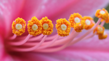 A stunning close-up photograph of a pink flower displaying bright yellow anthers. This vibrant and colorful image captures the delicate beauty of nature, perfect for any floral design project.の素材