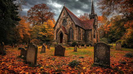 A historic church surrounded by autumn foliage and gravestones creates a tranquil yet eerie atmosphere. The dark sky enhances the haunting beauty of this rural scene.の素材