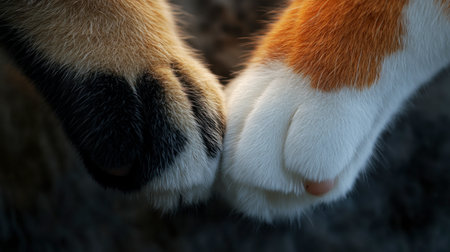 Two cat paws gently touching create a beautiful bond, showcasing tenderness and connection. Perfect for themes of love, companionship, and tranquility.の素材