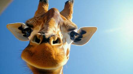 This stunning close-up captures the gentle face of a giraffe under a clear blue sky, showcasing its expressive eyes and unique features in a serene outdoor setting.の素材