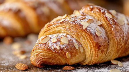 A beautifully crafted almond croissant dusted with powdered sugar, showcasing flaky layers and a golden crust, perfect for breakfast or a sweet treat.の素材