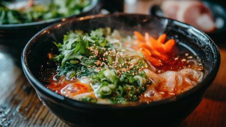 A steaming bowl of delicious noodles topped with fresh vegetables, herbs, and sesame seeds, perfect for a cozy meal in any setting. Enjoy the rich flavors!の素材