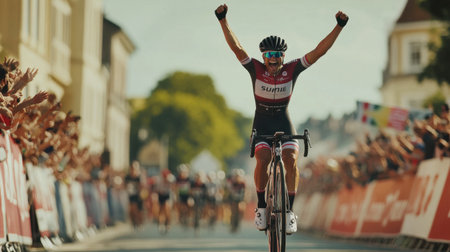 A cyclist celebrates a thrilling victory at the finish line, raising arms in triumph amidst an excited crowd. The vibrant outdoor scene captures the essence of competitive spirit and camaraderie in sports.の素材