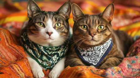 Two charming cats wearing colorful bandanas rest together on a vibrant blanket, showcasing their playful personalities and adorable expressions in a cozy indoor setting.の素材