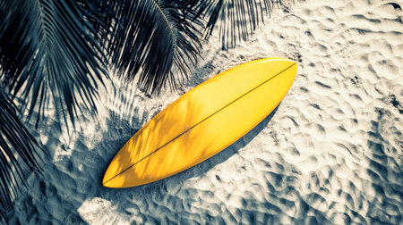 A bright yellow surfboard rests on soft sand near palm trees, epitomizing summer vibes. The scene captures the essence of beach life and outdoor adventure.の素材
