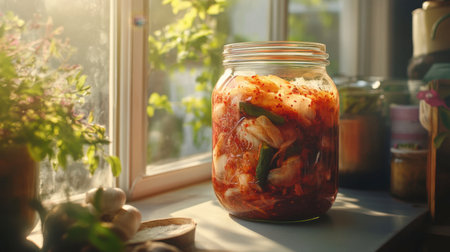 A jar of freshly made kimchi sits by a sunlit window, showcasing vibrant colors and rich textures. Ideal for food lovers and culinary enthusiasts.の素材