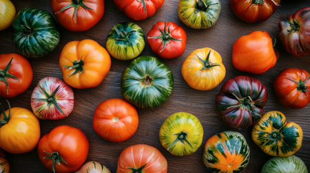 A vibrant collection of various fresh tomatoes resting on a rustic wooden surface, showcasing their diverse colors and shapes, perfect for food photography.の素材