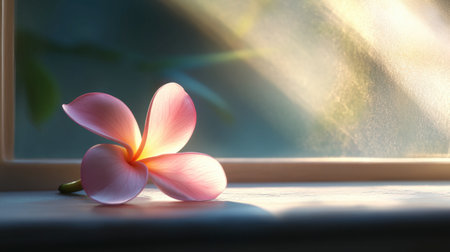 A serene pink flower rests gently on a windowsill, illuminated by soft sunlight. This peaceful scene evokes feelings of tranquility and natural beauty.の素材