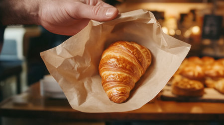 A freshly baked croissant held in a hand wrapped in brown paper, showcasing its flaky, golden layers, perfect for breakfast or a snack.の素材