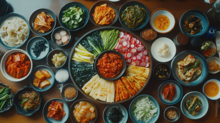 An overhead view showcasing a vibrant selection of traditional Korean dishes arranged in bowls, featuring colorful ingredients and side dishes perfect for communal dining.の素材
