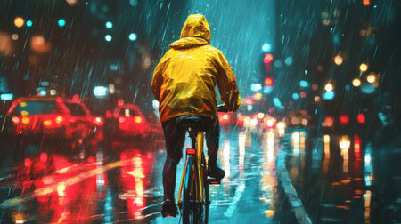 A cyclist wearing a yellow raincoat rides through a rain-soaked city, illuminated by vibrant neon lights, creating a moody urban scene.の素材