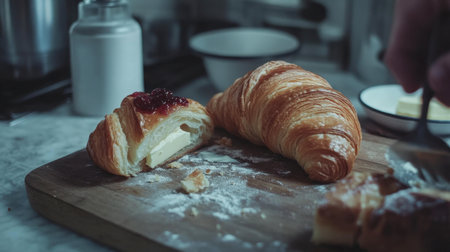 A mouthwatering scene featuring a freshly baked croissant cut open, revealing creamy butter and sweet jam, perfect for breakfast or a cozy brunch.の素材
