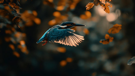 A stunning bird gracefully flies through an autumn landscape, showcasing vibrant feathers against a backdrop of warm-colored leaves. Perfect for nature enthusiasts.の素材