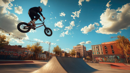 A dynamic BMX rider executes a jump at an urban skate park. The awe-inspiring moment captures the thrill of sports in an outdoor setting with vibrant skies.の素材