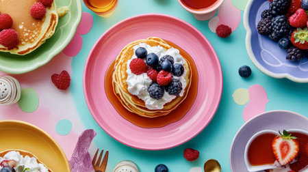 Delight in a vibrant pancake breakfast featuring fluffy pancakes topped with whipped cream and fresh berries. Perfect for a joyful brunch or celebration!の素材