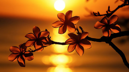 A stunning silhouette of flowers against a vibrant sunset, capturing the beauty of nature. The warm colors reflect on the tranquil water, evoking peace.の素材