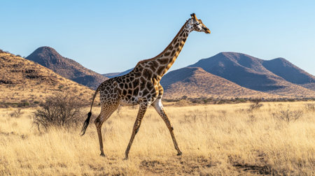 A majestic giraffe walks gracefully across a sunlit African landscape, showcasing its iconic long neck and beautiful patterns against a scenic backdrop.の素材