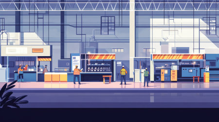 A vibrant illustration of an industrial workshop featuring workers engaged in various tasks amidst modern machinery and equipment in an organized space.の素材