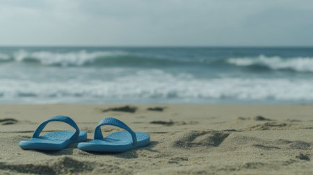 A pair of blue flip flops rests on a sandy beach, with gentle ocean waves in the background, creating a serene and inviting summer scene.の素材